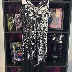 Black and Silver Sequin Flapper Dress